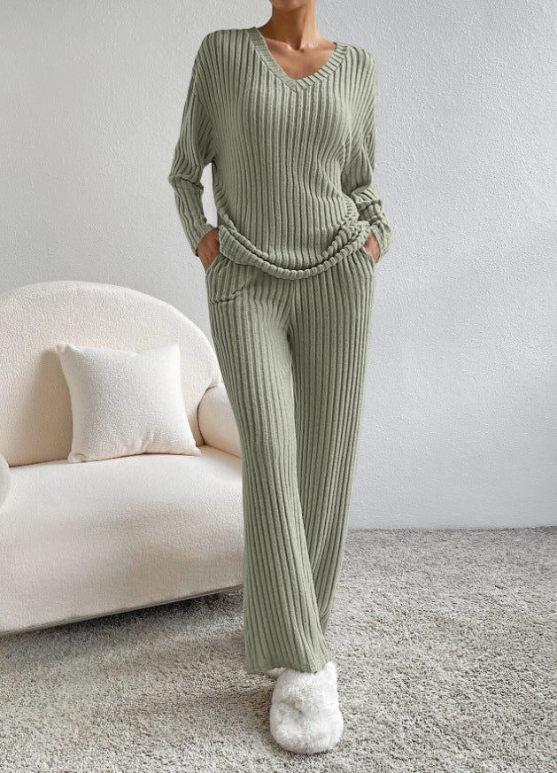 Fashion Solid Striped Suit V-neck Long-sleeved Top And Casual Straight Pants Loose Temperament Women's Clothing