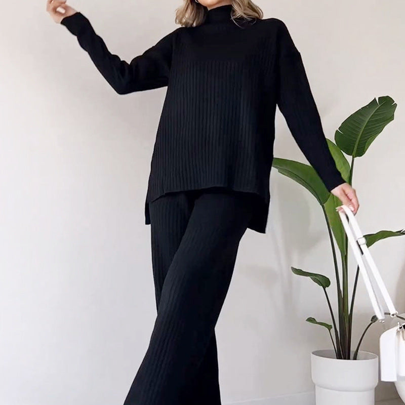 Turtleneck Knitted Suit Loose Split Design Long-sleeved Top And Straight Trousers Fashion Casual Solid Set Women's Clothing