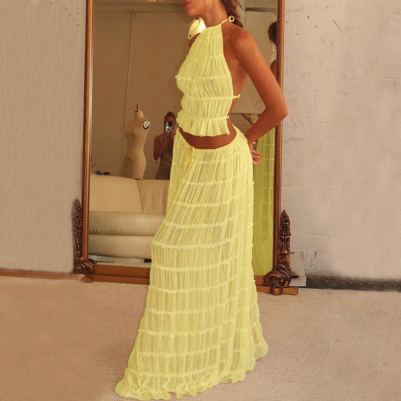 2-Piece Halter Crop Top & Pleated Maxi Skirt Set