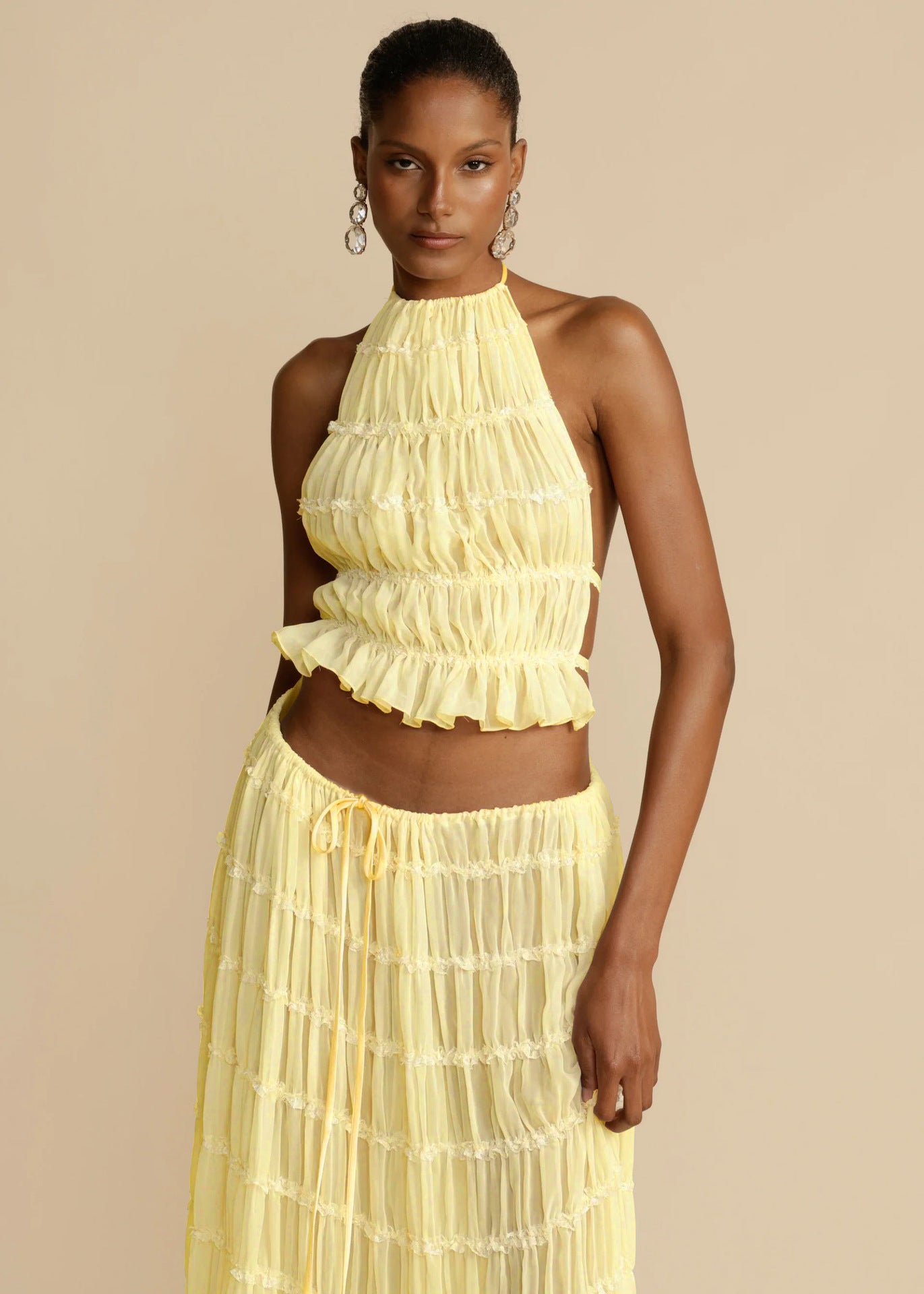 2-Piece Halter Crop Top & Pleated Maxi Skirt Set