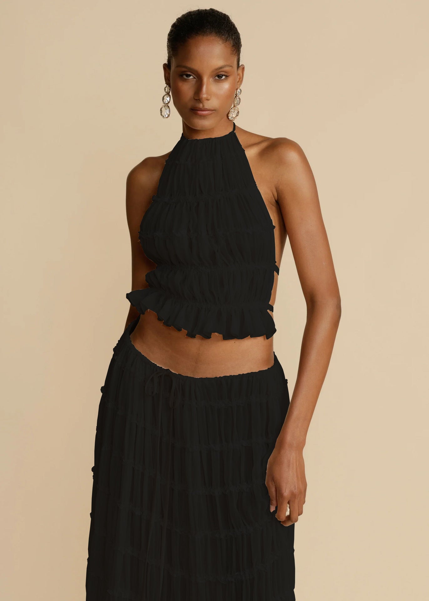 2-Piece Halter Crop Top & Pleated Maxi Skirt Set