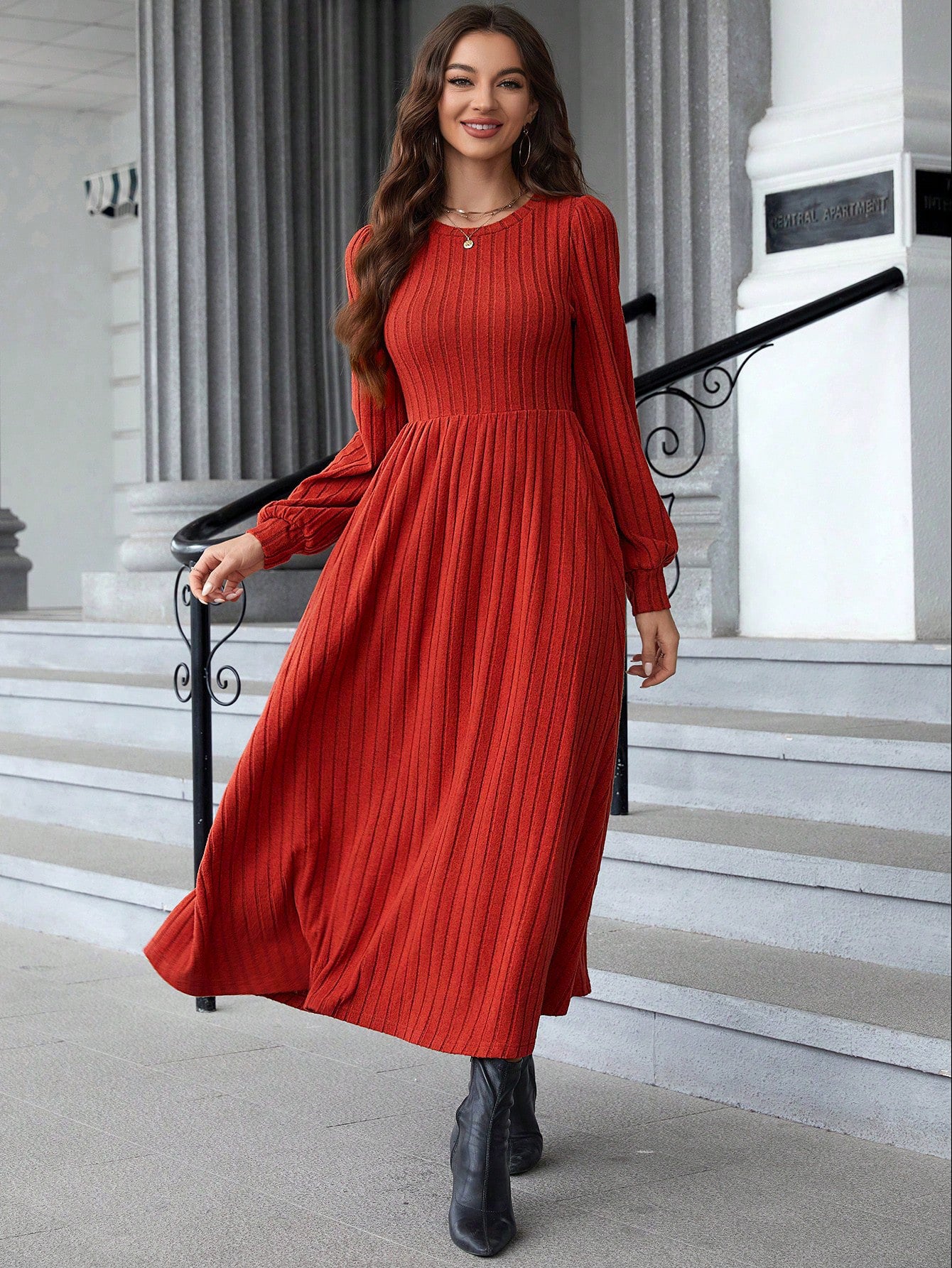 Elegant Lantern Sleeve Orange Long Dress