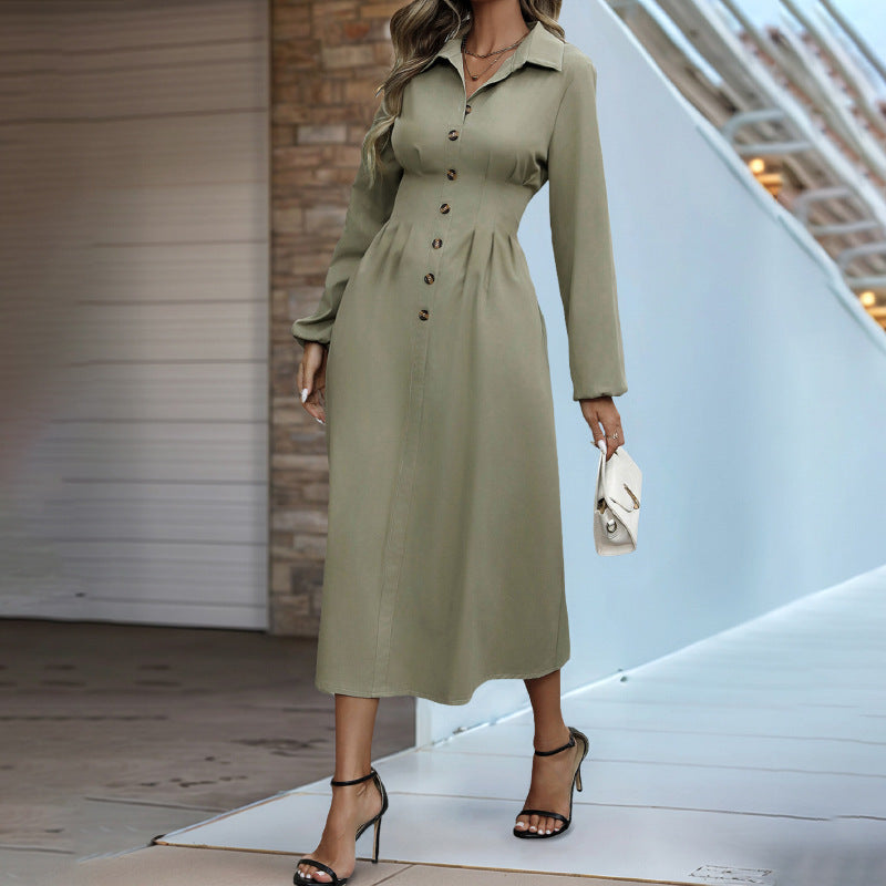 High-Waist Army Green Cardigan Button-Up Dress