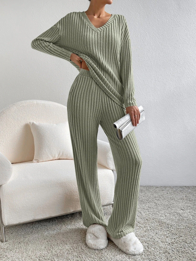 Fashion Solid Striped Suit V-neck Long-sleeved Top And Casual Straight Pants Loose Temperament Women's Clothing