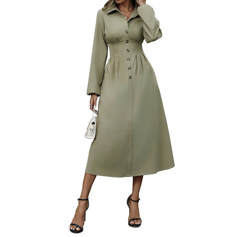 High-Waist Army Green Cardigan Button-Up Dress