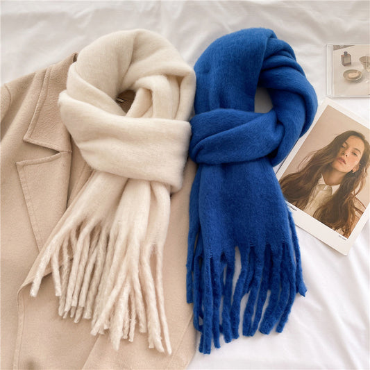 Elegant Solid Color Winter Tassel Scarf