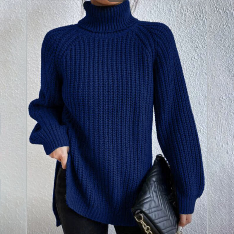 Turtleneck Pullover Sweater With Split Design Fashion Simple Solid Color Long Sleeve Tops Women's Clothing