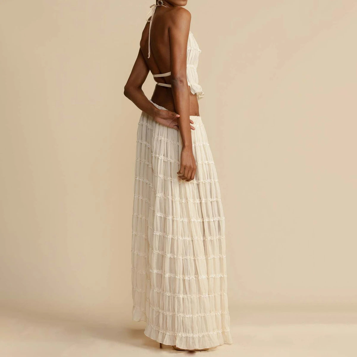 2-Piece Halter Crop Top & Pleated Maxi Skirt Set