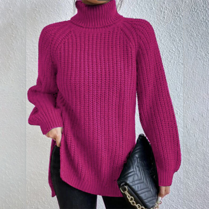 Turtleneck Pullover Sweater With Split Design Fashion Simple Solid Color Long Sleeve Tops Women's Clothing