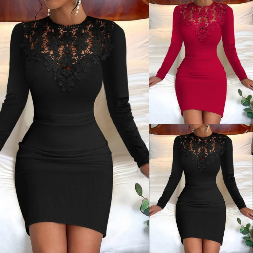 Round Neck Lace Long Sleeve Narrow Waist Dress Women's Clothing