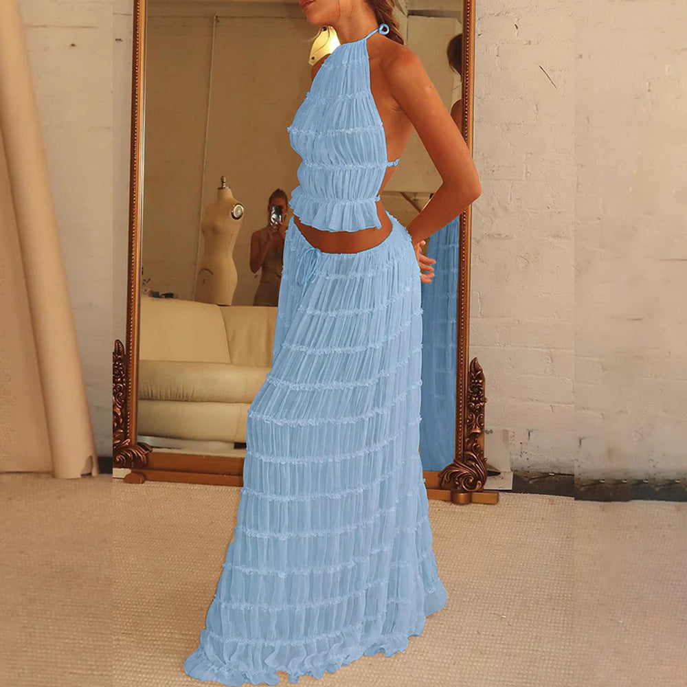 2-Piece Halter Crop Top & Pleated Maxi Skirt Set