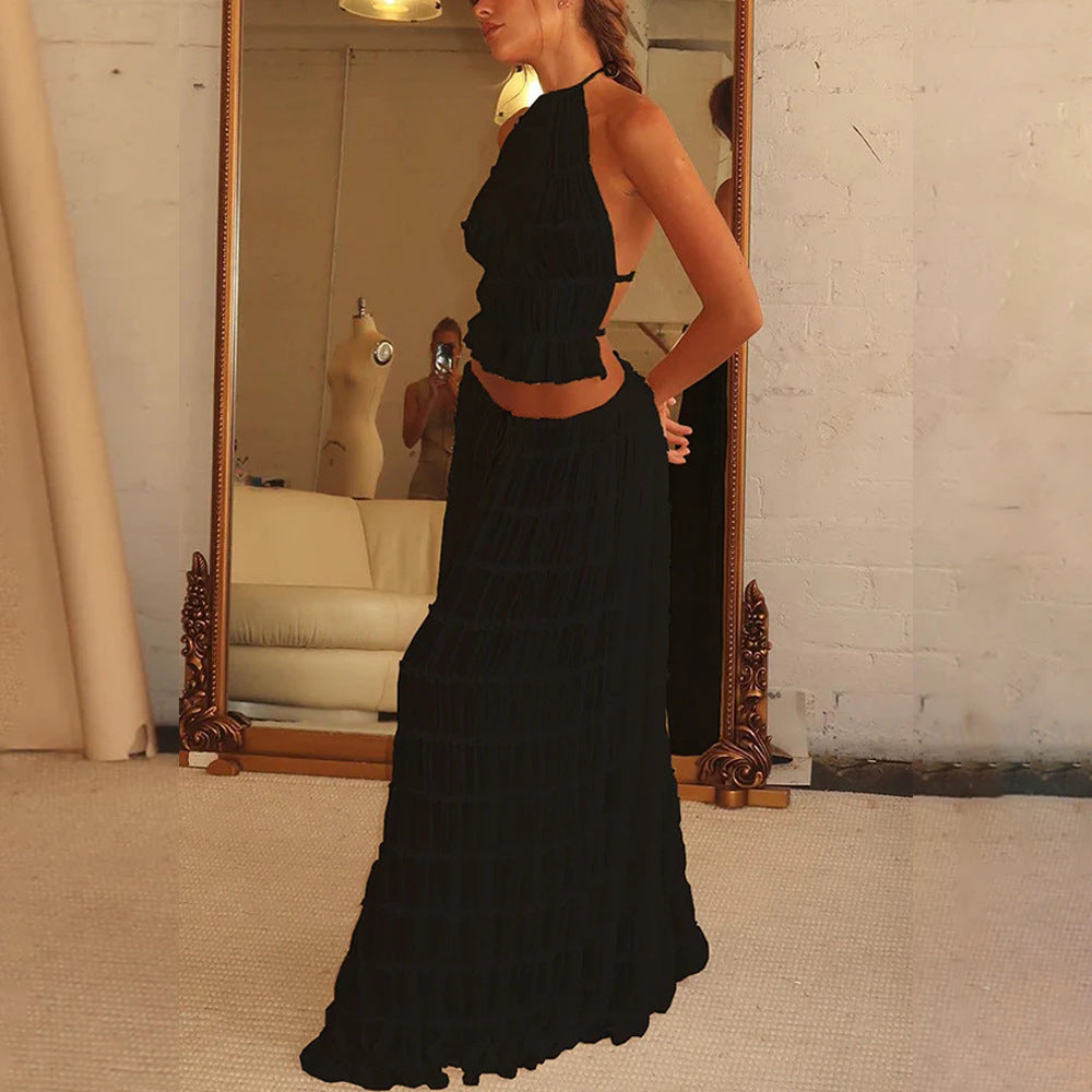 2-Piece Halter Crop Top & Pleated Maxi Skirt Set