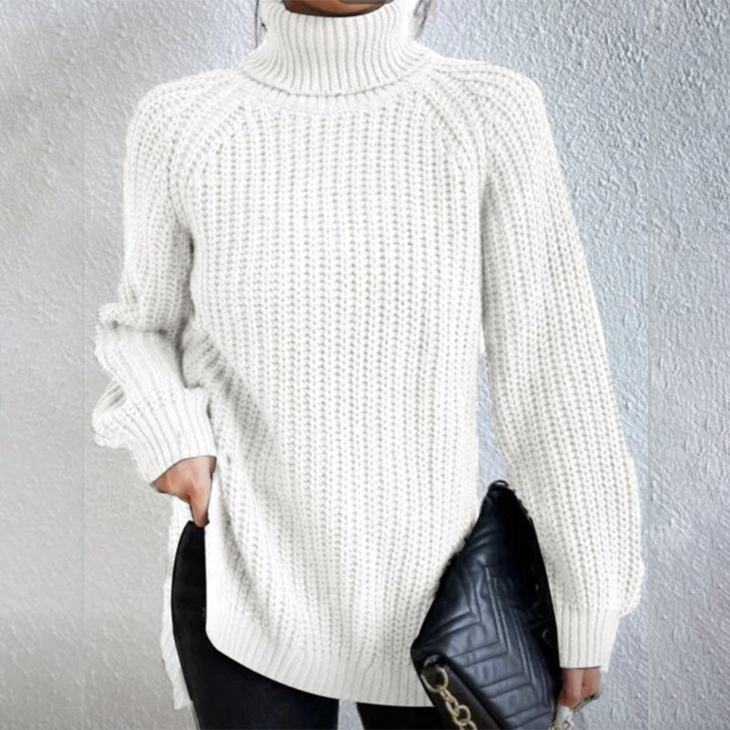 Turtleneck Pullover Sweater With Split Design Fashion Simple Solid Color Long Sleeve Tops Women's Clothing