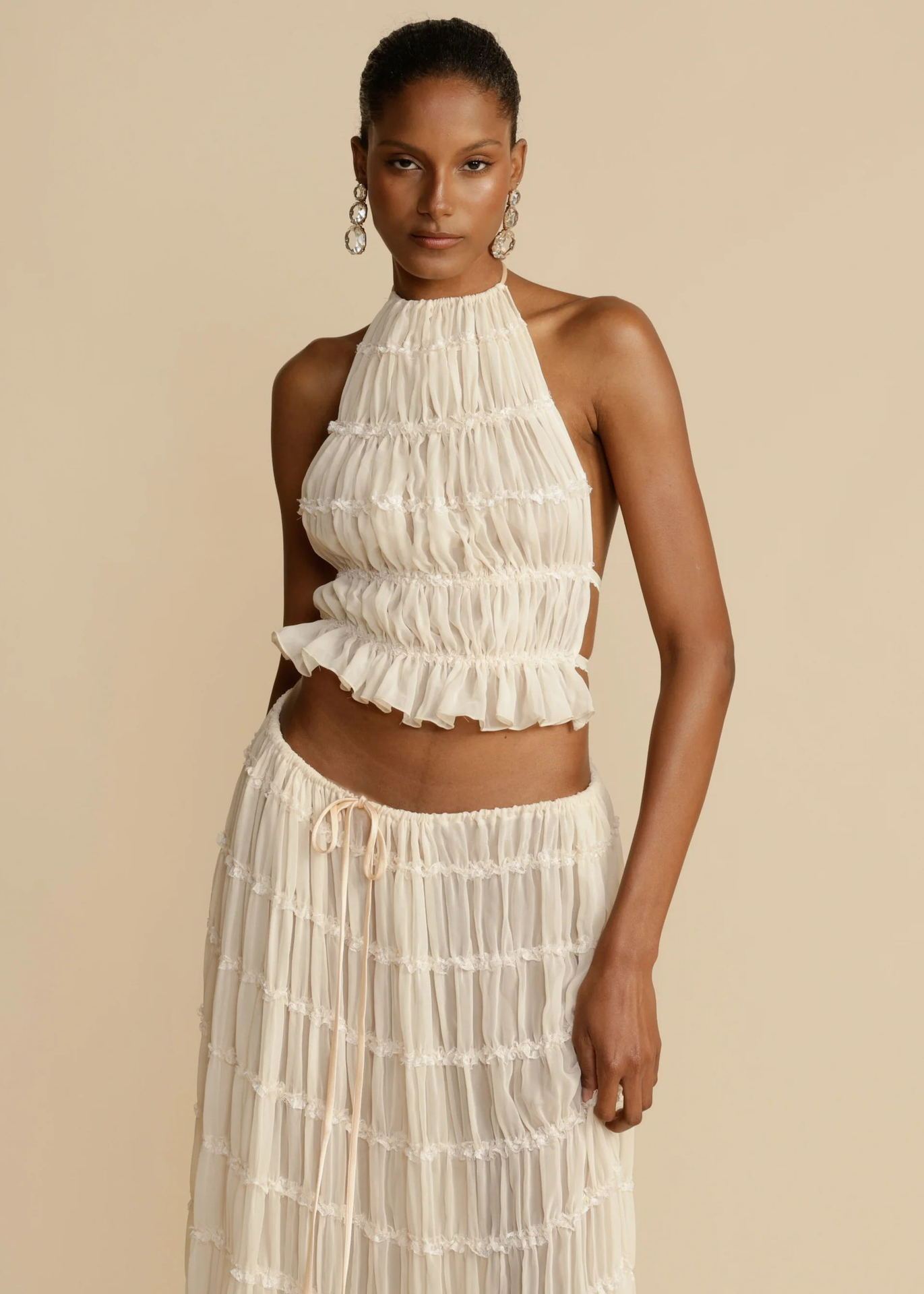 2-Piece Halter Crop Top & Pleated Maxi Skirt Set