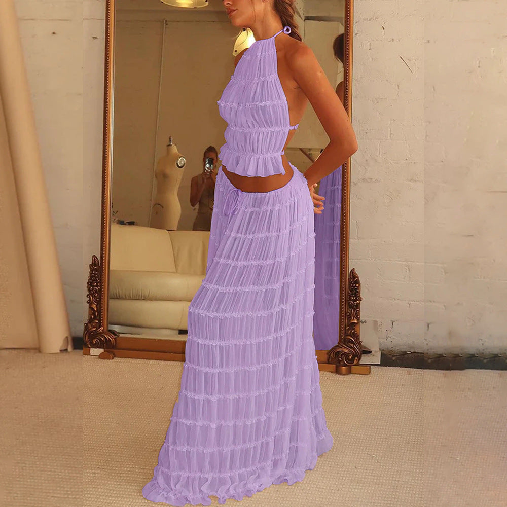 2-Piece Halter Crop Top & Pleated Maxi Skirt Set