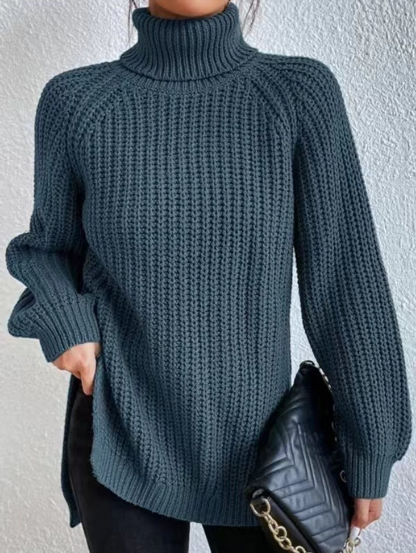 Turtleneck Pullover Sweater With Split Design Fashion Simple Solid Color Long Sleeve Tops Women's Clothing