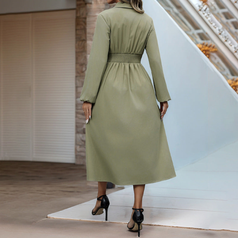 High-Waist Army Green Cardigan Button-Up Dress