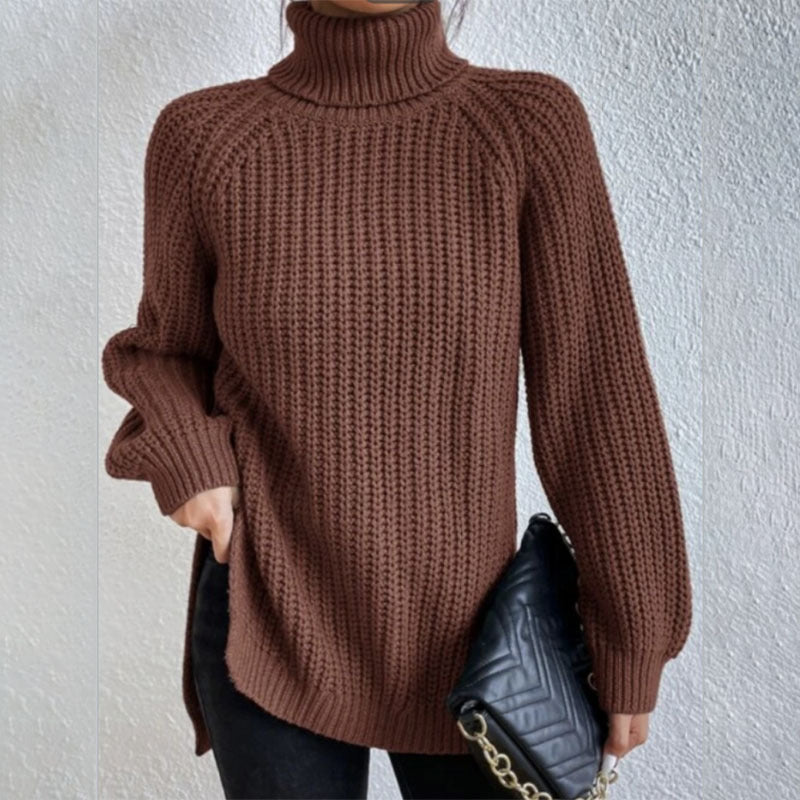 Turtleneck Pullover Sweater With Split Design Fashion Simple Solid Color Long Sleeve Tops Women's Clothing