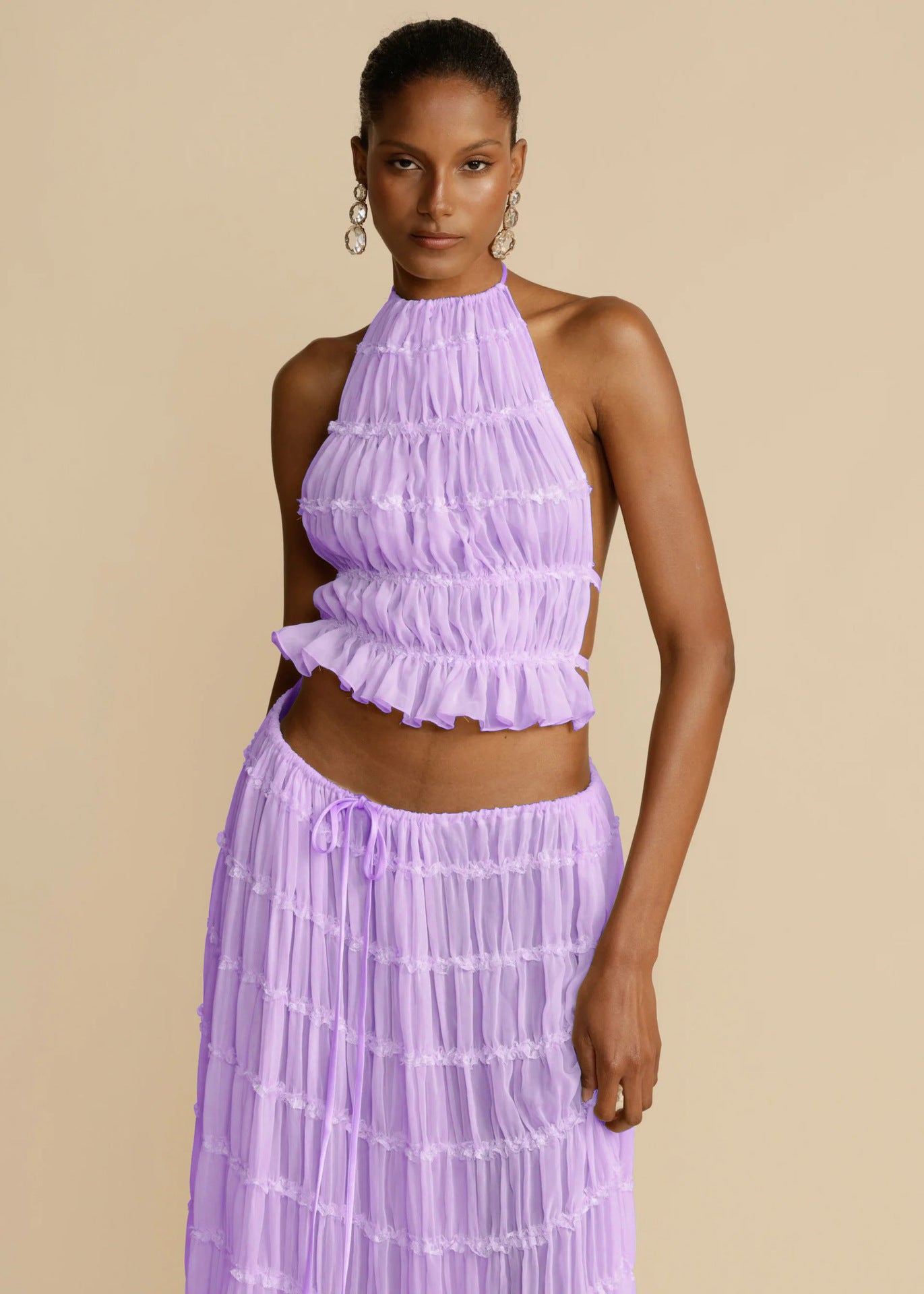 2-Piece Halter Crop Top & Pleated Maxi Skirt Set