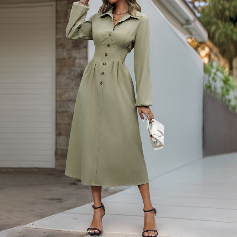 High-Waist Army Green Cardigan Button-Up Dress