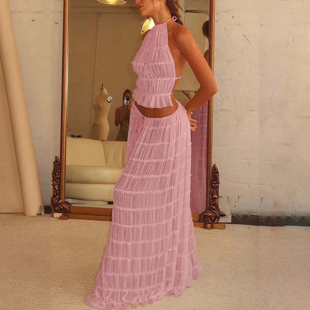 2-Piece Halter Crop Top & Pleated Maxi Skirt Set