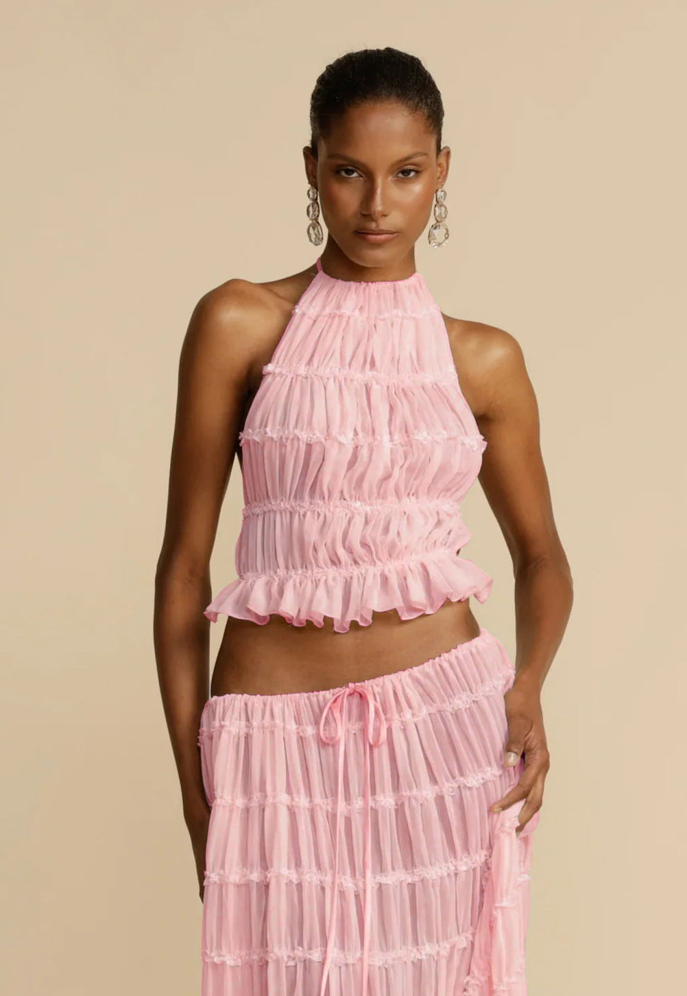 2-Piece Halter Crop Top & Pleated Maxi Skirt Set